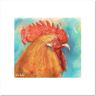 Orange Rooster Painting on Bluish Background - Vintage Style Posters and Art